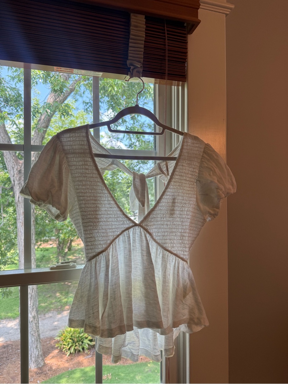Free People Ivory Smocked V-Neck Tie-Back Peplum Blouse
